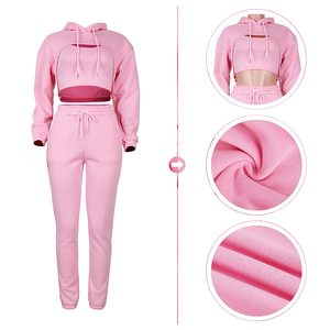 Fabricante OEM, Conjunto Deportivo Informal para Mujer, Sudadera con Capucha de Manga Larga, Color Sólido, Top Corto Holgado, Pantalones Deportivos de Algodón - Product Image 5