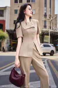 Women's Beige 2 Piece Suit <b>Set</b> Short Sleeve <b>Blazer</b> Flare Pants Elegant Office Wear Solid Color Crew Neck Button PANSY - Product Image 3