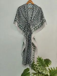 <b>Boho</b> Chic Gray Hand Block Floral Print Kaftan Maxi <b>Dress</b> V-neck Women’s Relaxed Fit Cotton Casual <b>Summer</b> <b>dress</b> - Product Image 1