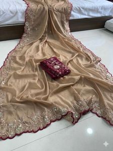 Pure Star Georgette Saree C Pallu Sequence Work Cutwork Border Heavy <b>Satin</b> Embroidery <b>Blouse</b> Traditional Designer Quick Dry - Product Image 5