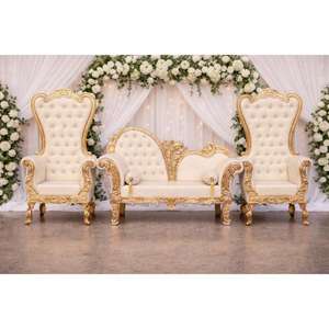 Precioso Sofá de Boda para Novios, Conjunto de Sofás Blancos para Bodas Asiáticas, Sofá de Muebles de Boda Tallado y Pulido en Dorado - Product Image 1