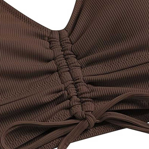 Ensemble bikini 2 pièces pour femmes, haut marron à col plongeant, bas rayé taille haute avec détail cordon de serrage, maillot de bain en spandex et polyester - Product Image 5