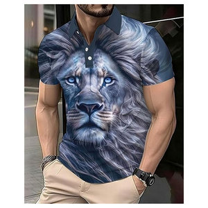 Polo à motif loup blanc avec col noir, design artistique aquarelle, manches courtes, style décontracté streetwear, mode inspirée des animaux - Product Image 2