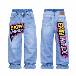 Jean en denim taille mi-haute, délavé et déchiré, coupe ample à jambe large, double taille, avec empiècements, logo personnalisé, style streetwear, 100% coton, pour le voyage, vente en gros - Product Image 1