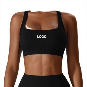 Women's Backless Halter Sports Bra-Solid Black Square Neck Medium Support Quick Dry Printed Front Back Logo Four-Way Stretch - Product Image 2