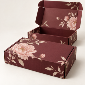 Boîte d'expédition en carton ondulé personnalisée, imprimée de motifs floraux bordeaux, pour emballage de produits cosmétiques de marque - Product Image 1