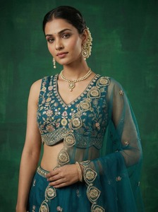 <b>Green</b> Embroidered Leheriya Lehenga Set Velvet <b>Netted</b> Blouseh Dupatta Ethnic Bottomwear for Wedding Banquet - Product Image 2