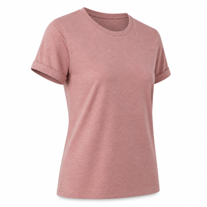 <b>Women's</b> Dusty Rose <b>Rolled</b> Sleeve Crew <b>Neck</b> T Shirt in Melange Cotton Jersey Short Sleeve Casual Top - Product Image 2
