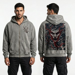 Custom Orange Acid Wash Zip Up Hoodie Night Architect Castle Blueprint Graphic Men Oversized Full Zip Fleece Manufacturer - Product Image 2