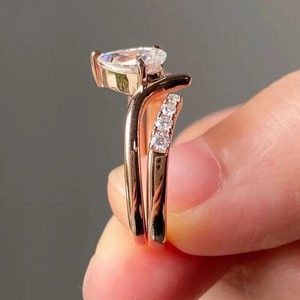 Pear Cut Wedding <b>Ring</b> Set, 14K Gold Bypass Engagement Bridal <b>Ring</b>, Pear Solitaire With Curved Band <b>Ring</b> Set, <b>Open</b> Cuff Promise R - Product Image 5