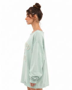 Customized Off Shoulder <b>Distressed</b> Hem Sweatshirt Women's Oversized French Terry Sweatshirt <b>Distressed</b> Embroidered Fleece <b>Top</b> - Product Image 3