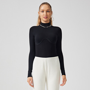 Sexy Women Regular Fit Tops Wholesale Mock Neck Long Sleeve Sports <b>Corset</b> Tops Spandex/Cotton Quick Dry - Product Image 2