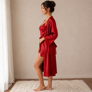 <b>Womens</b> <b>Satin</b> Kimono <b>Robe</b> with Lace Cuffs and Matching Nightdress Elegant Soft Sleepwear Set for Boutique Wholesale Manufacturers - Product Image 4