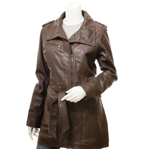 Women's Brown Genuine Leather Moto Jacket Full Sleeve <b>Stand</b> Collar Zipper Closure Long Length Windproof Autumn Wear - Product Image 6