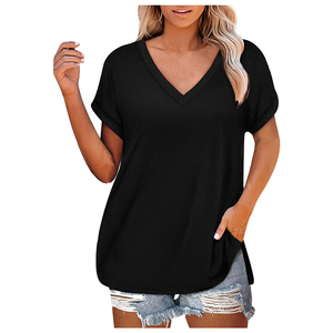 Camiseta de cuello en V para mujer al por mayor con bordado de logotipo personalizado, parches de tela de malla, gasa y rizo ecológicos, cuello en V de algodón - Product Image 1