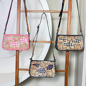 Venta al por mayor de fábrica bolso de mano de cuero genuino cruzado con diseño de tablero de ajedrez estilo occidental bolso de hombro para mujer - Product Image 5