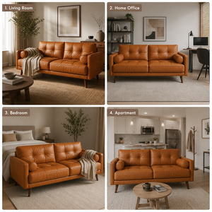 Sofá de Cuero Genuino de Lujo, Estilo Moderno de Mediados de Siglo, con Patas de Madera Sólida y Cojines Acolchados para Sala de Estar, Apartamento u Hotel - Product Image 4