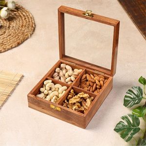 Handmade Wooden Dry Fruit Gift <b>Box</b> 4 Compartment Indian Rosewood Serving <b>Box</b> for Diwali Festival Gifts Home Kitchen - Product Image 5