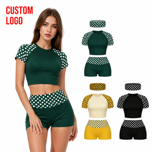 Custom Logo Women Polka Dot <b>Raglan</b> Crop <b>Top</b> Shorts Set 2 Piece Sporty Skinny Fit Quick Dry Polyester Cotton Velvet Summer - Product Image 5