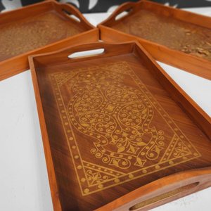 Nouveau plateau de service alimentaire en bois brun au design attrayant, classique et durable, finition huilée, pour la présentation de desserts dans les hôtels et restaurants - Product Image 2