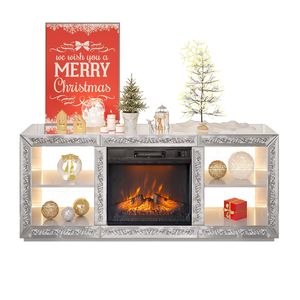 Soporte de TV Moderno Plateado de 18 Pulgadas con Espejo, Panel de Fibra de Densidad Media con Inserto para Chimenea LED, Estantes de Almacenamiento y Consola con Acabado Estilo Madera - Product Image 5