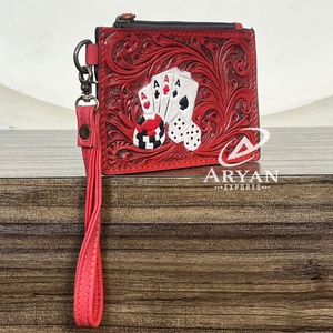 Wholesale Factory Price Hand Tooled Genuine Leather <b>Card</b> <b>Holder</b> New Poker Design Mini <b>Card</b> & Coin <b>Holder</b> Unisex Wristlet <b>Wallet</b> - Product Image 1