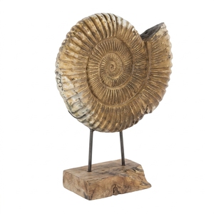 Gerry Lumintu Stand Handcrafted <b>Wooden</b> Ammonite Shell Sculpture <b>Rustic</b> Tabletop Decorative Artwork Metal Stand Home Decor Accent - Product Image 1