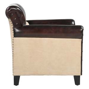 Fauteuil Chesterfield traditionnel en cuir véritable brun de qualité supérieure avec dossier capitonné, accoudoirs roulés et pieds en bois massif - Product Image 3