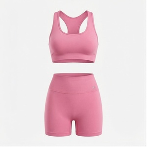 <b>Pink</b> 2 Piece Yoga Set Racerback <b>Crop</b> <b>Top</b> High Waist Shorts Sweat Wicking Breathable Quick Dry Seamless Sportswear - Product Image 1
