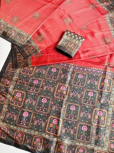 Sari de seda rojo con motivos florales y borde para bodas, ropa tradicional india y pakistaní para mujeres - Product Image 2