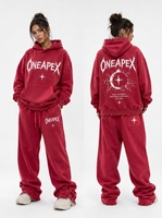 Ensemble survêtement décontracté 2 pièces pour femme, rouge délavé, avec sweat à capuche et pantalon de survêtement, coupe régulière, motif graphique vieilli, style streetwear