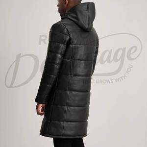 Manteau long matelassé en cuir véritable noir pour homme, veste d'hiver chaude à capuche, parka en peau de mouton résistante pour homme - Product Image 6