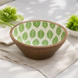 Tazón de Ensalada de Madera Ecológico con Revestimiento de Esmalte y Diseño de Hojas - Recipiente Redondo para Servir Alimentos, Apto para Fiestas, Hogar y Decoración de Mesa - Product Image 1