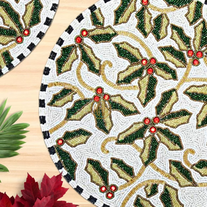 Beaded Christmas Holly <b>Placemats</b> Set <b>Red</b> Berry Leaf Dining Charger Mat Winter Holiday Table Decor Round Table Mat Wholesale - Product Image 2