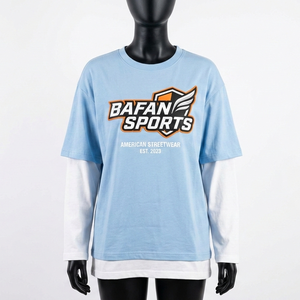 Camiseta de manga larga de doble capa de algodón y poliéster, transpirable, azul claro y blanca, con estampado personalizado. Camisetas de doble capa de algodón. - Product Image 1