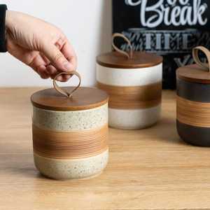 Ceramic Tea Sugar <b>Storage</b> Jars With Wooden Lids Airtight Kitchen Container Minimalist Design - Product Image 2