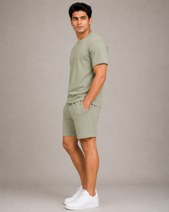 Unisex Summer 2-Piece <b>Knitted</b> Cotton Terry Fabric T-Shirt Shorts <b>Set</b> Short Sleeve Solid Color Eco-Friendly Breathable - Product Image 3
