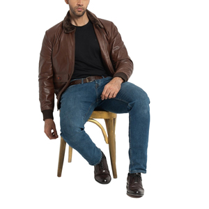 Men's Brown Genuine Leather Bomber Jacket Stand Zipper Closure Waterproof Winter Windproof Front Moto Biker Style Factory Price - Product Image 6
