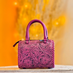 Women's Travel Accessories Pink Color Genuine Leather Mini Speedy Duffle <b>Bag</b> With Tooling Florals Carved Stone <b>Studded</b> In Middle - Product Image 5