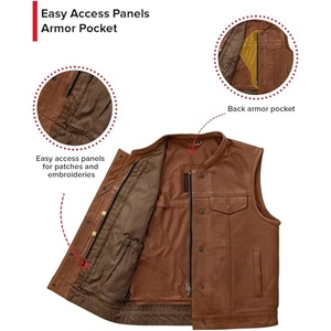 Custom Men's Brown Perforated Genuine Cowhide <b>Leather</b> Motorcycle Vest Stand Collar <b>Biker</b> Club <b>Leather</b> <b>Waistcoat</b> - Product Image 3