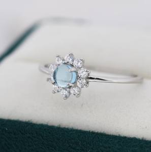 Bague Halo en Argent Sterling avec Aigue-marine Bleue Véritable, Pierre Précieuse Naturelle, Motif Fleur, Mariage, Luxe, Sertissage à Griffes, Certifiée Mars - Product Image 1