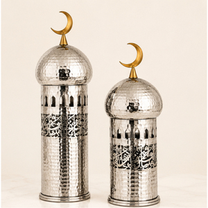 Juego de Adornos de Lujo Plateados para Ramadán, Minarete de Acero Inoxidable Martillado con Adorno de Cúpula de Mezquita y Remate de Luna Creciente Dorada - Product Image 3