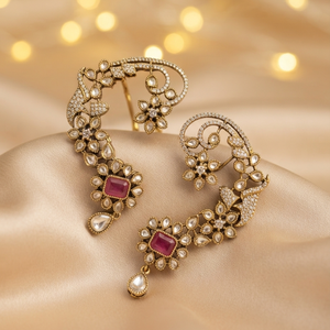 Traditional Brass Imitation Antique Gold Style Kundan <b>Ear</b> <b>Cuff</b> <b>Earrings</b> Pink Moissanite Stones Floral Design for Women Wedding - Product Image 3
