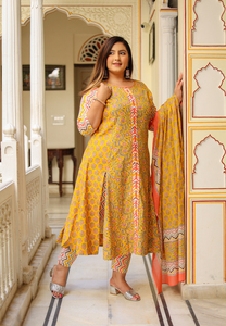 Zig Zag Printed Kurta <b>Pant</b> Dupatta Set Cotton Floral Mustard Round Neck <b>Three</b> <b>Quarter</b> Sleeve Plus Size Women Wholesale Casual - Product Image 5