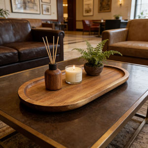 Plateau décoratif ovale en bois avec motif végétal, style minimaliste, pour table basse, fabriqué à la main à partir de bois naturel, emballage en une seule pièce - Product Image 1