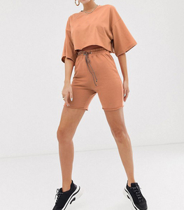 Ensemble de survêtement d'hiver 2 pièces pour femme en polaire orange anti-plis, col rond, manches longues, couleur unie, avec short décontracté à cordon de serrage sur le côté - Product Image 1