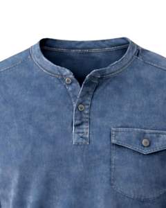 Sudadera Henley de Manga Larga para Hombre, Lavado Ácido, Azul Denim, Estilo Casual con Botones y Bolsillos, Prenda de Invierno, Algodón, Corte Ajustado - Product Image 5