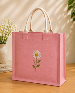 Pink Jute Tote Bag With <b>Daisy</b> Embroidery Medium Size Hand Carry Shopping Bag - Product Image 1