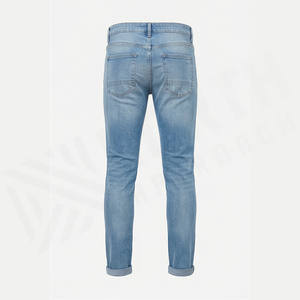 Jean en denim déchiré coupe slim pour homme, taille mi-haute, jambe droite, en coton, style décontracté, bleu délavé, collection printemps - Product Image 2