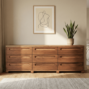 Commode Oaklyn de style Japandi en bois massif, écologique et durable, finition grain de bois naturel, armoire de rangement scandinave pour salon - Product Image 1